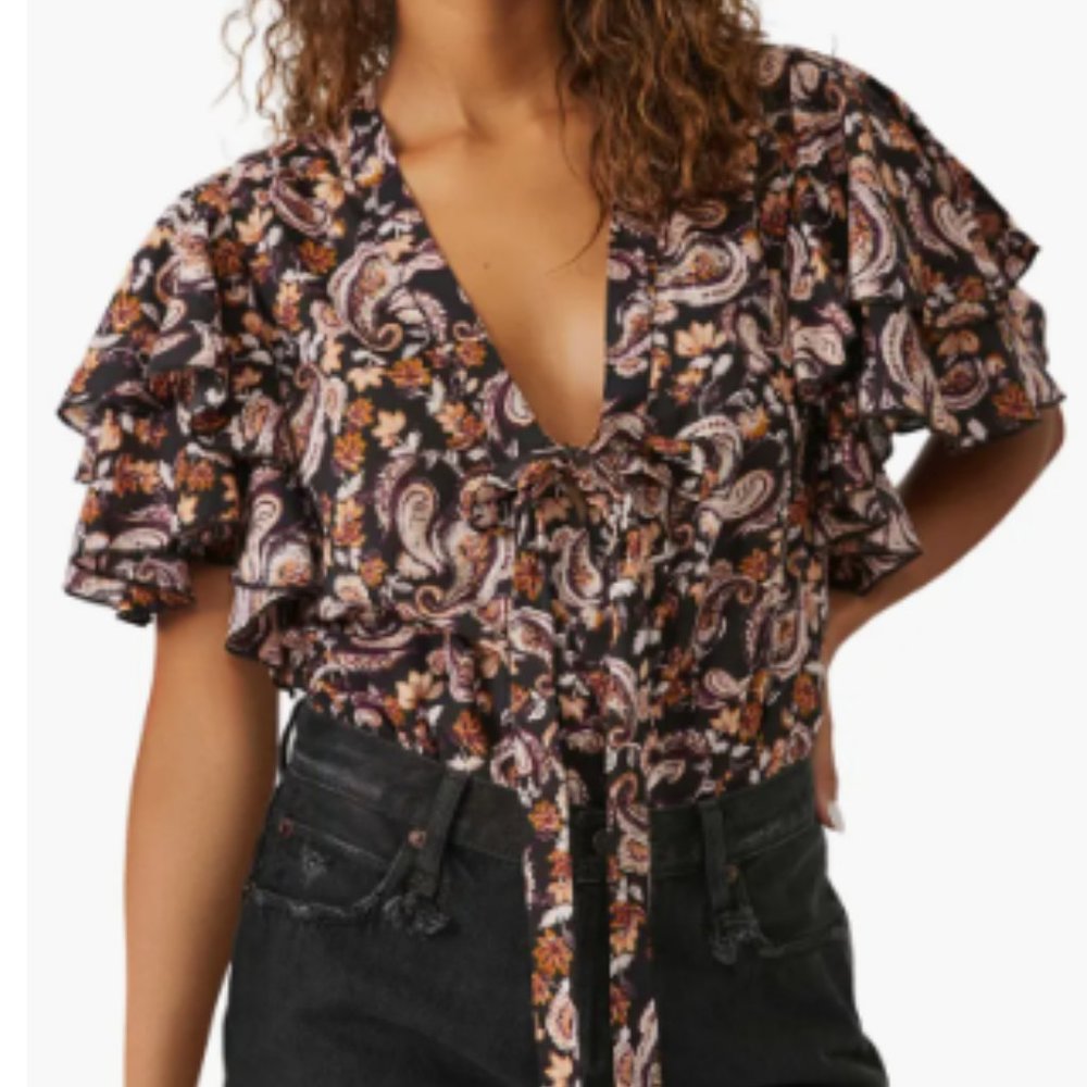 Free People Call Me Later Print Tie Neck Bodysuit